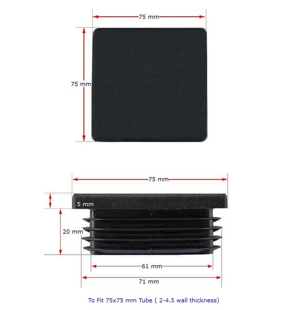 Plastic square Cap 75x75mm (2-4.5mm wall thickness)