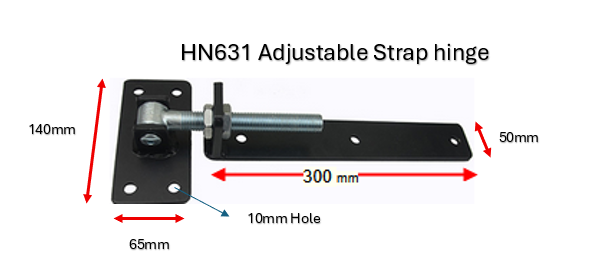 Adjustable Strap Hinge 20mm pin 300mm long in Black -for Timber Gates / 1 hinge only