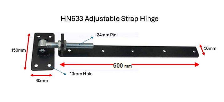 Adjustable Strap Hinge 24mm Pin 600mm long in Black - Ideal for Timber Gates (1 hinge)