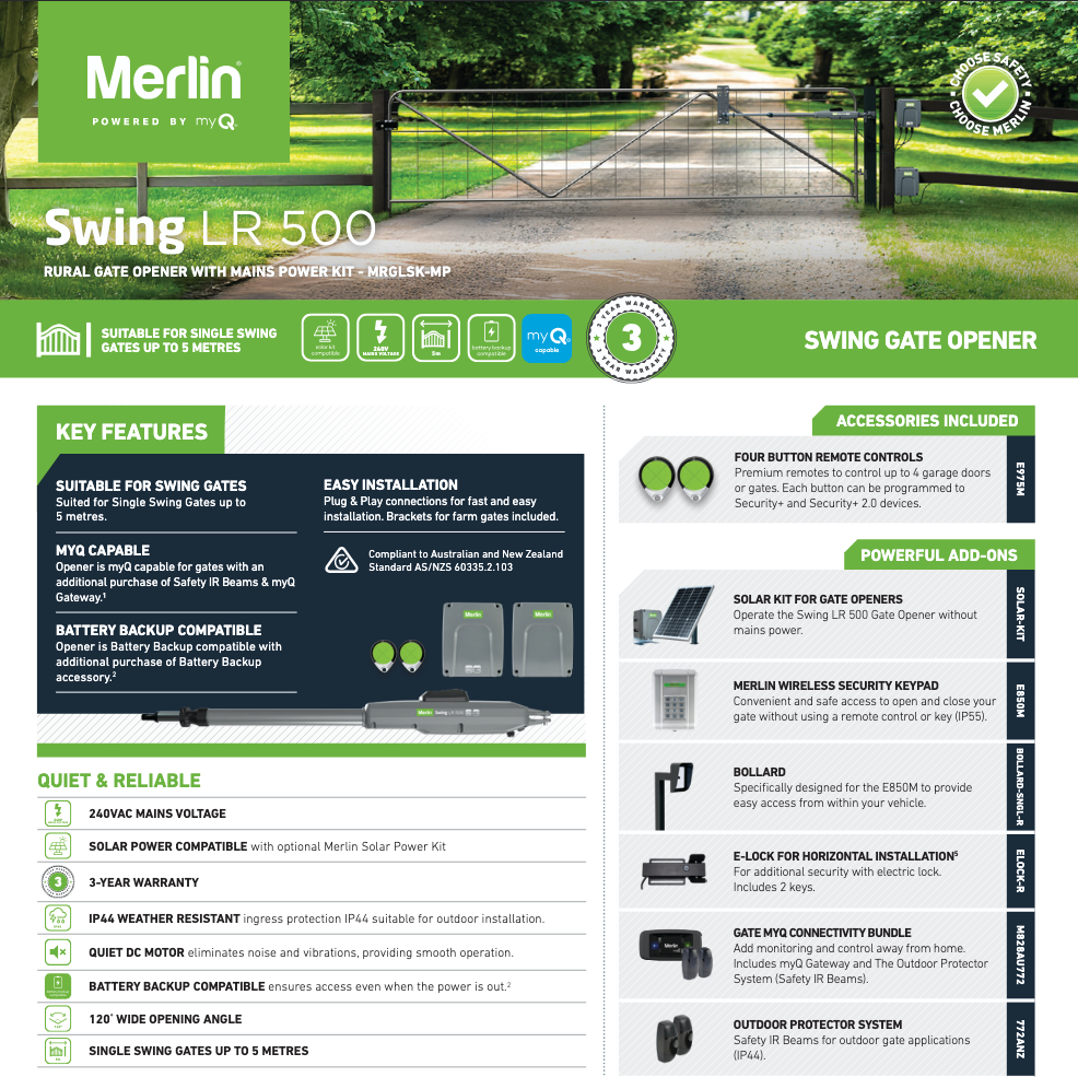 Merlin Swing LR 500 Single Rural Gate Opener