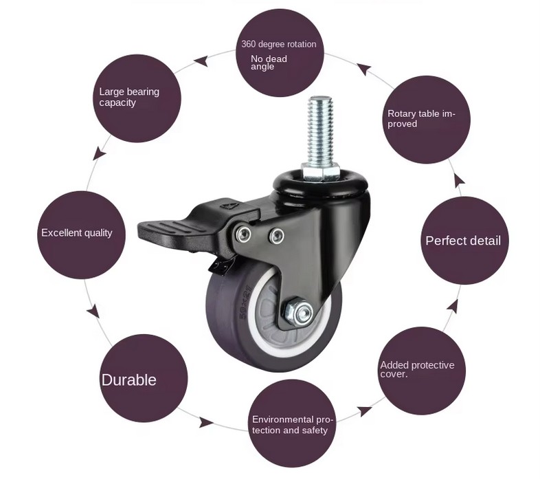 M10 Swivel Furniture Wheel Universal Rubber Mute Roller Brake Screw-In