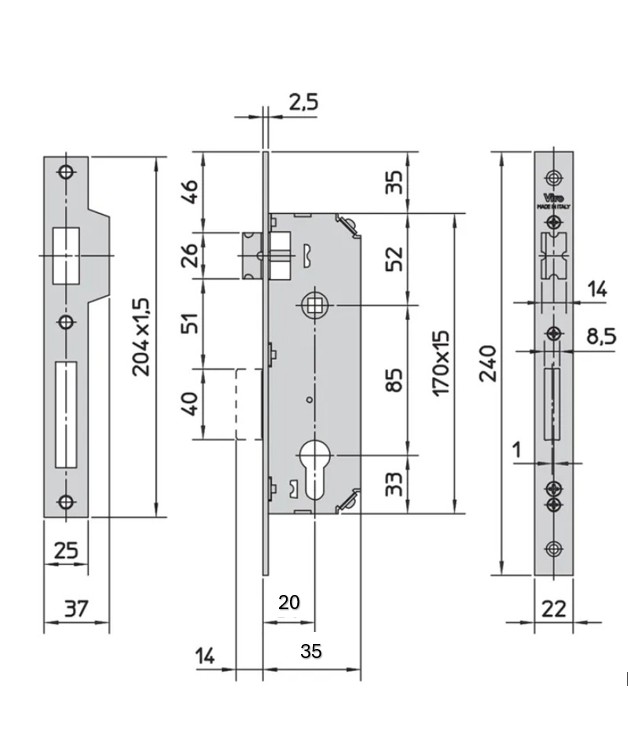 Viro Euro Insert Mortice Lock - 40x40 Frame, 20mm Backset, Silver - For Swing Gates