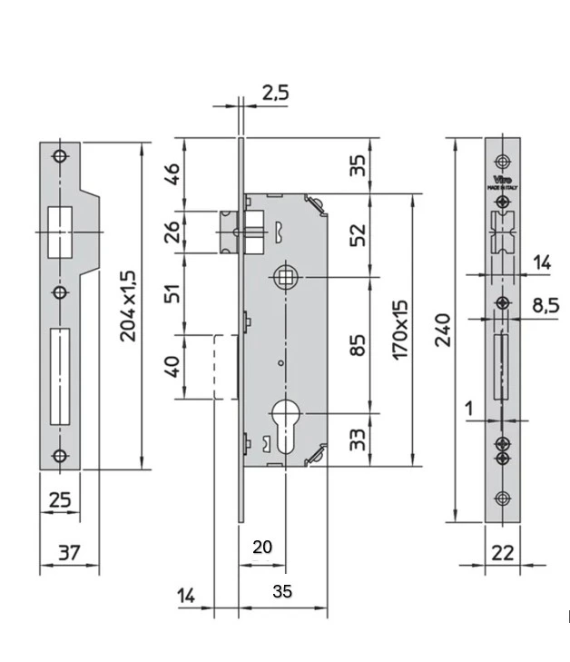 Viro Euro Insert Mortice Lock - 40x40 Frame, 20mm Backset, Silver - For Swing Gates.webp