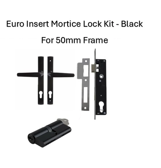 Euro Insert Mortice Lock - Complete Kit - 50x50 Frame, 30mm Backset, For Swing Gates - Black