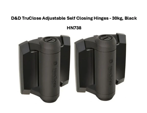 [HN738] D&D TruClose Adjustable Self Closing Hinges - 30kg, Black, For Metal, No Legs - Pair
