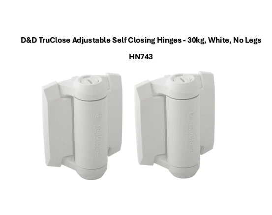 [HN743] D&D TruClose Adjustable Self Closing Hinges - 30kg, White, For Metal, No Legs - Pair