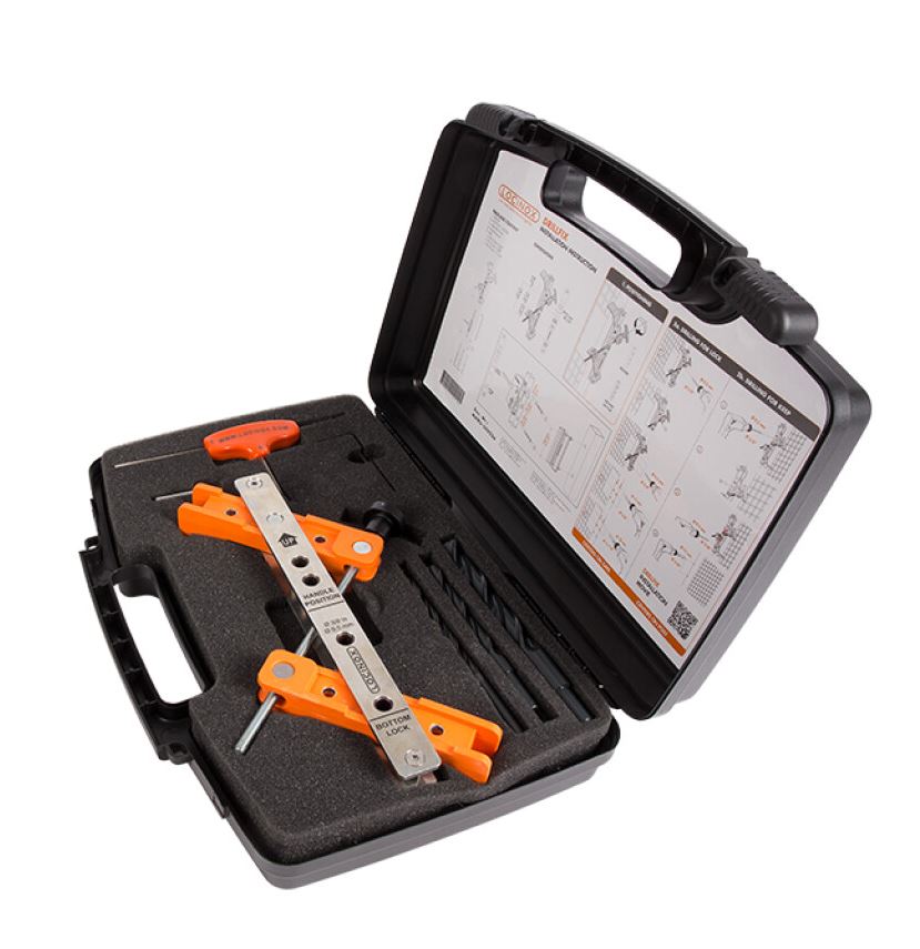 Tool case with drilling jig for surface mounted lock and corresponding keep