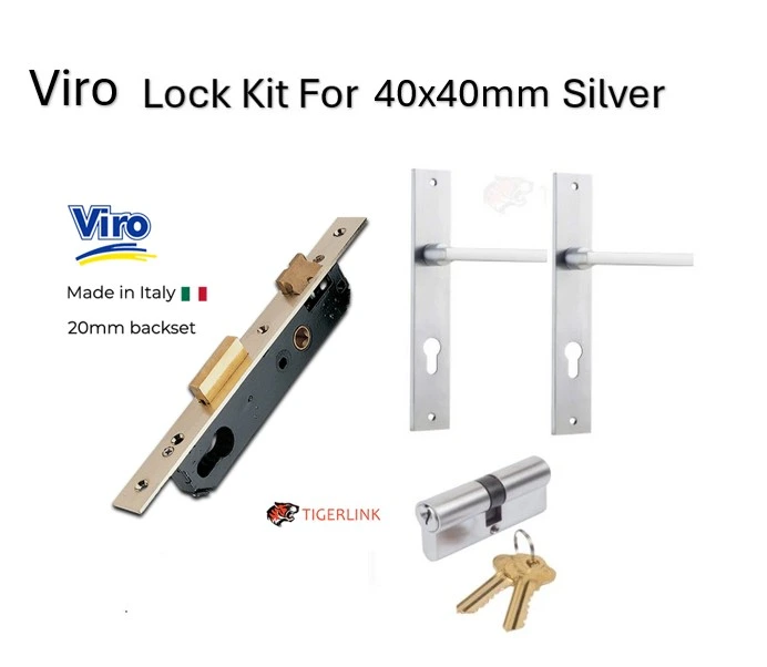 [MK412] Viro Euro Insert Mortice Lock - Complete Kit - 40x40 Frame, 20mm Backset, Silver - For Swing Gates