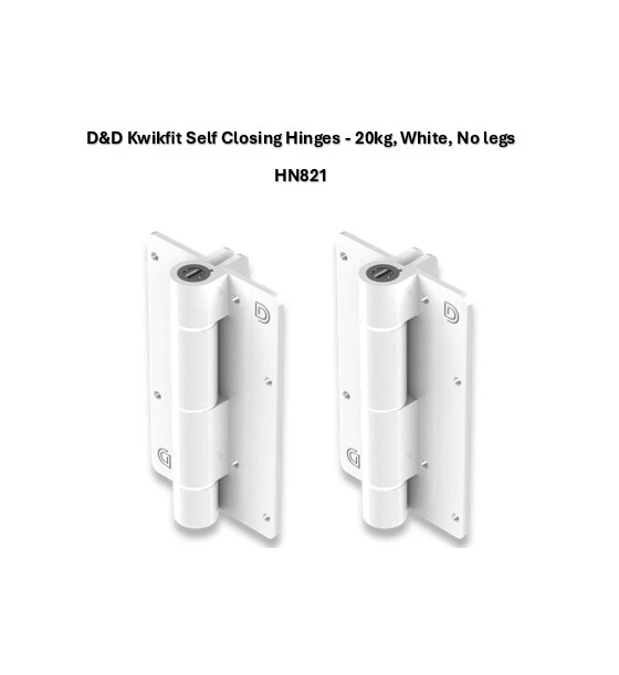 [HN821] D&D Kwikfit Self Closing Hinges - 20kg, White, Wall/Post Mounted - Pair